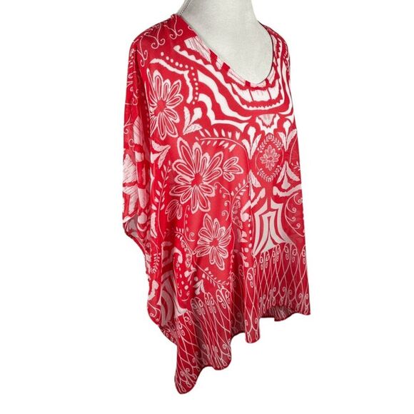 Chicos Red Poncho Semi Sheer Floral Boho Print Topper Cover Up Beachy Size L/XL - Picture 4 of 9